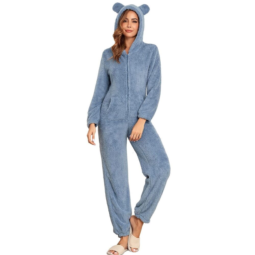 6668 Fleece Onesie Pajamas Fuzzy Sherpa Hooded Romper One Piece Winter